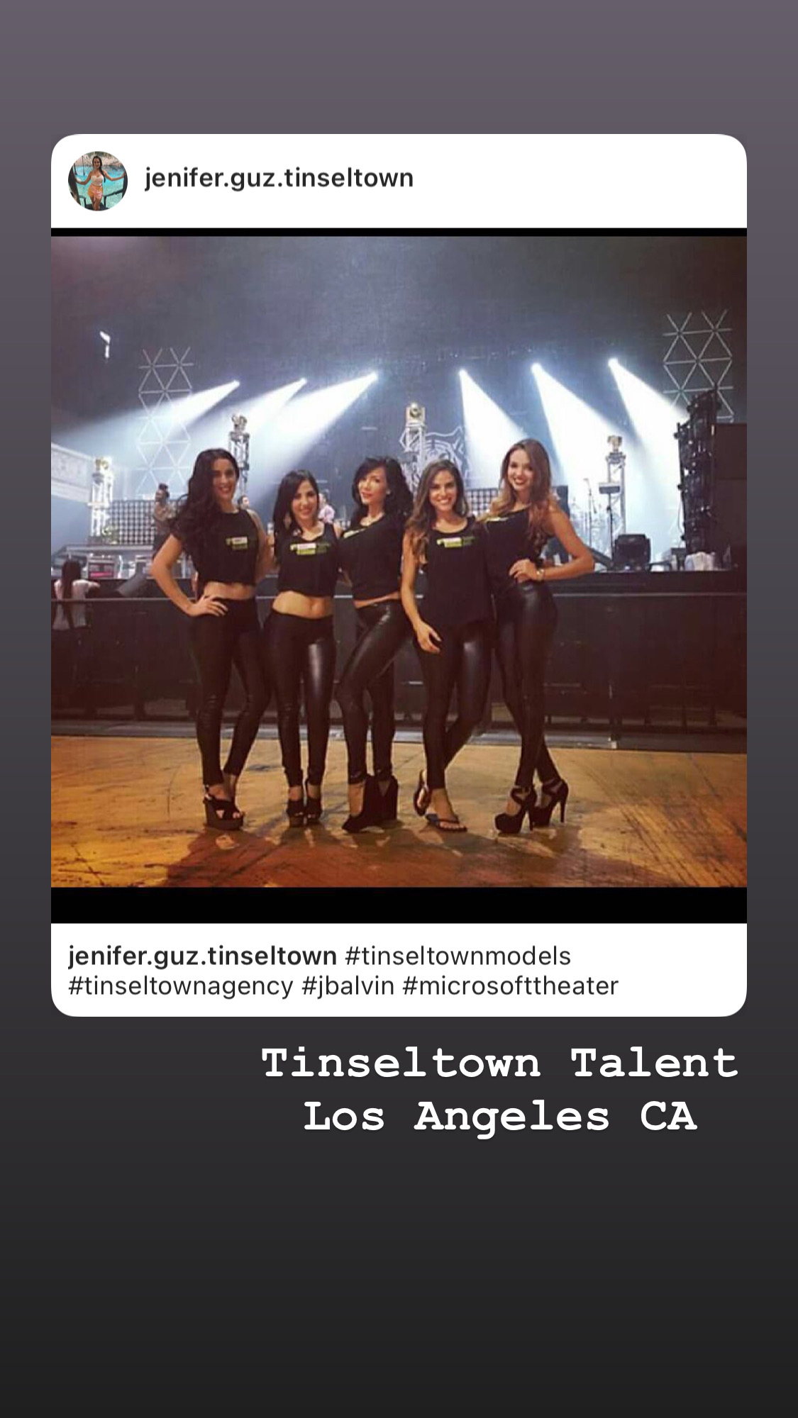 Tinseltown Entertainment talent showcase - professional models at Microsoft Theater event with dramatic stage lighting